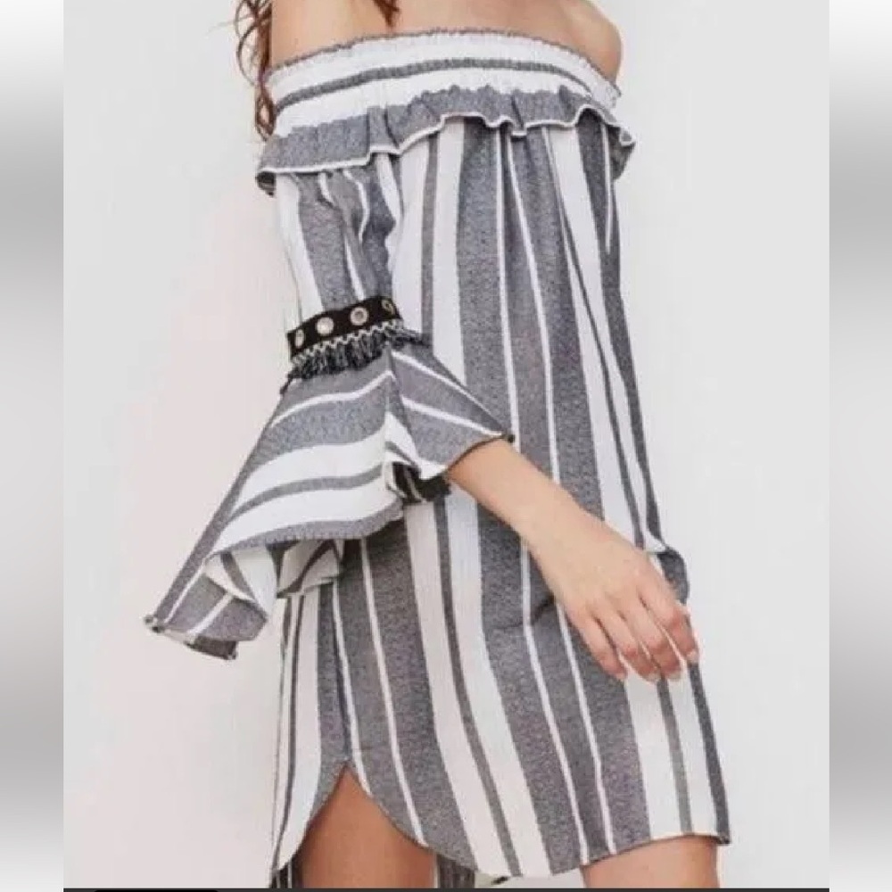 MISA Los Angeles Cybele Striped Off-Shoulder Bell Sleeve Mini Dress- Size m